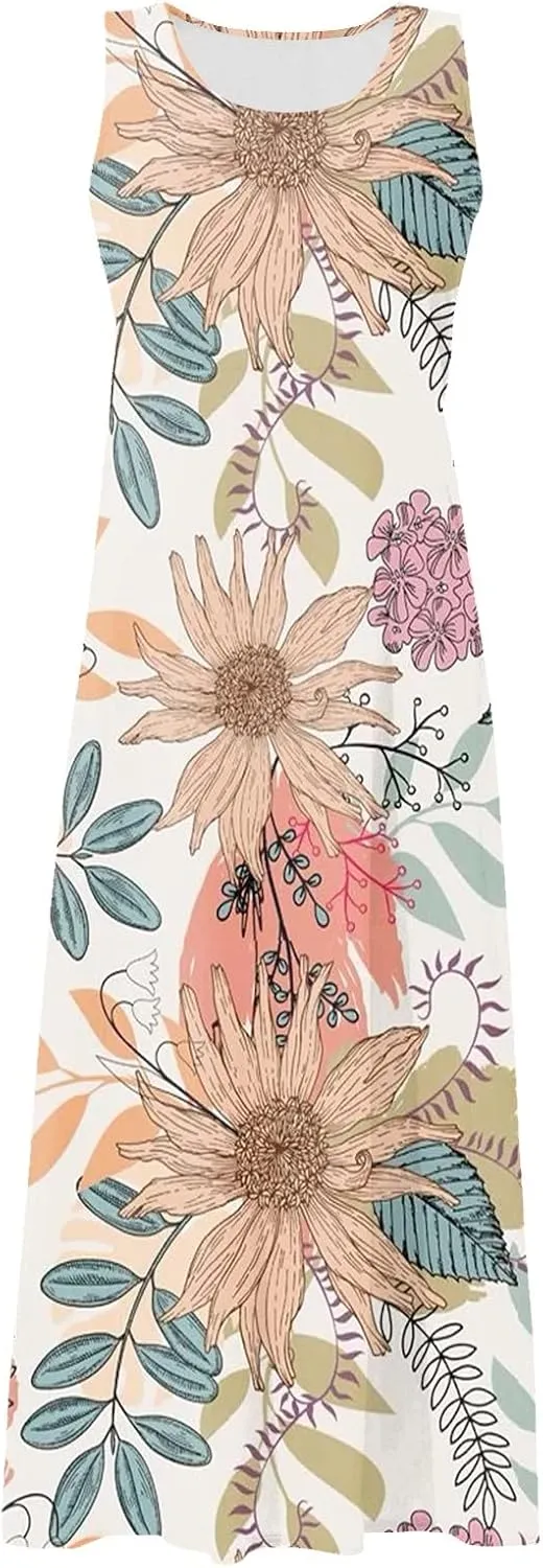 Cotton Linen Dresses for Women,Maxi Sleeveless Dresses Summer Casual Print Cotton Linen Sundress with Pockets (S-3XL)