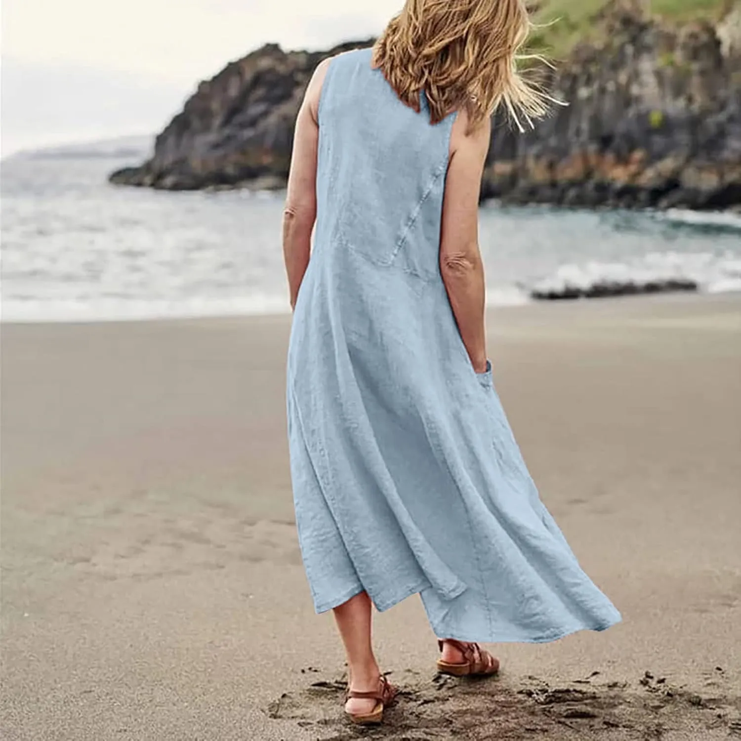 Cotton Linen Dresses for Women,Maxi Sleeveless Dresses Summer Casual Print Cotton Linen Sundress with Pockets (S-3XL)
