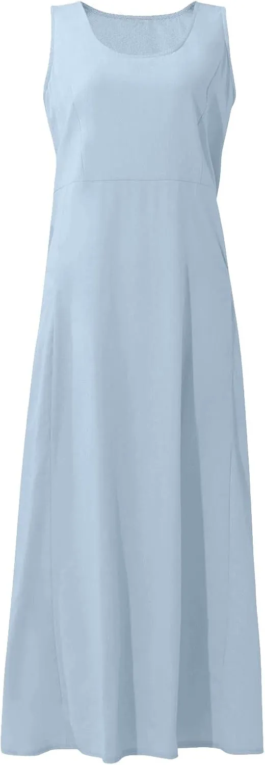 Cotton Linen Dresses for Women,Maxi Sleeveless Dresses Summer Casual Print Cotton Linen Sundress with Pockets (S-3XL)