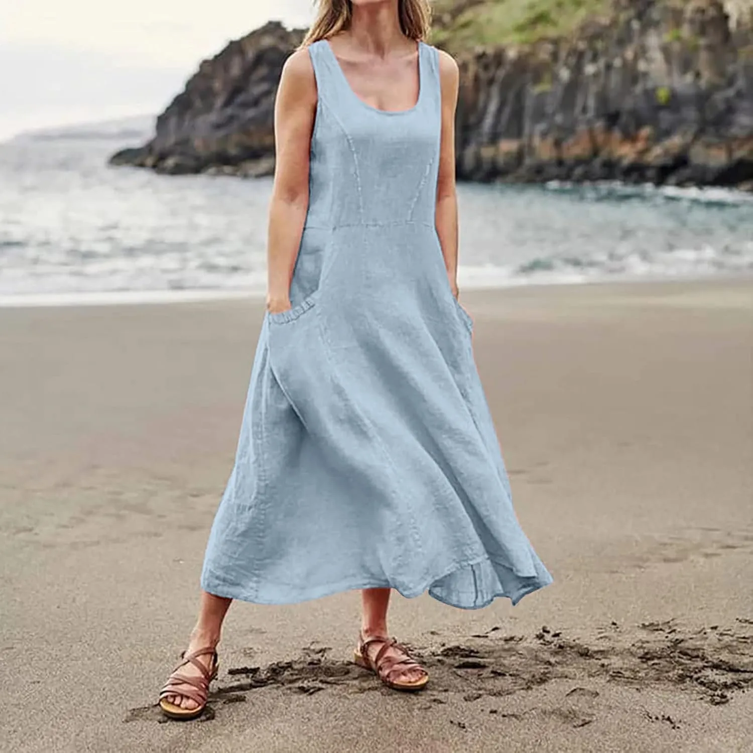 Cotton Linen Dresses for Women,Maxi Sleeveless Dresses Summer Casual Print Cotton Linen Sundress with Pockets (S-3XL)