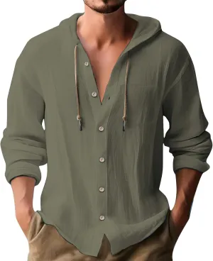 Cotton Linen Hoodies for Men Casual Lightweight Breathable Long Sleeve Button Down Hooded Beach Hippie T Shirts