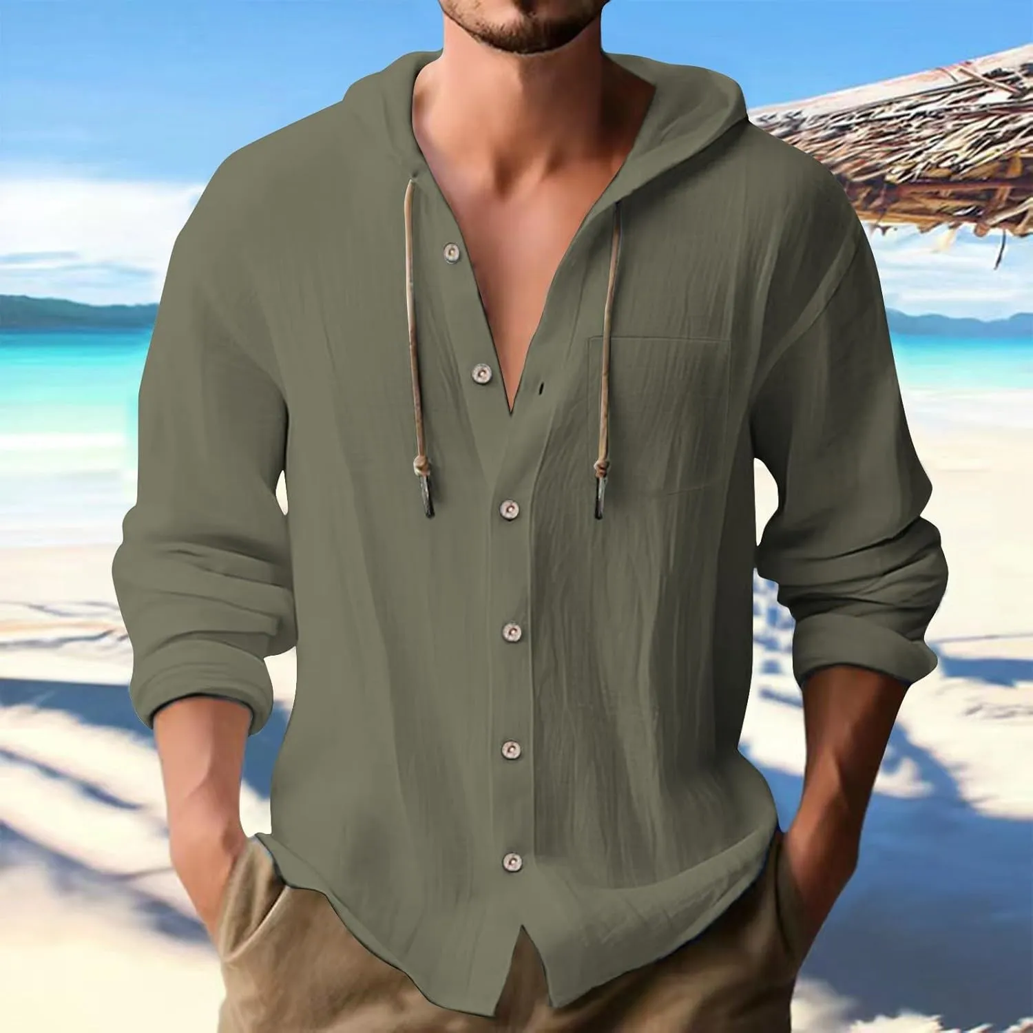 Cotton Linen Hoodies for Men Casual Lightweight Breathable Long Sleeve Button Down Hooded Beach Hippie T Shirts