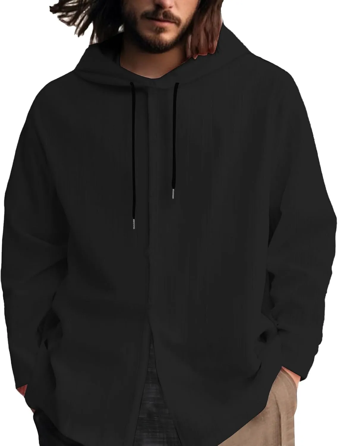 Cotton Linen Hoodies for Men Casual Long Sleeve Lightweight Breathable Button Down Hooded Sweatshirts Beach Yoga Tops