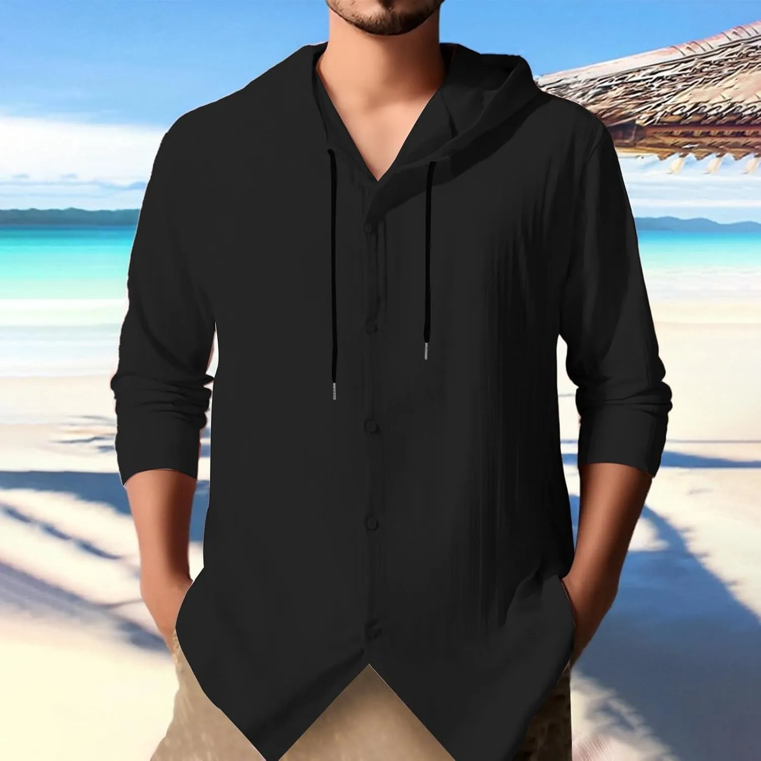 Cotton Linen Hoodies for Men Casual Long Sleeve Lightweight Breathable Button Down Hooded Sweatshirts Beach Yoga Tops