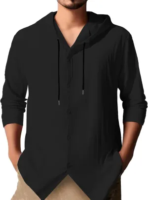 Cotton Linen Hoodies for Men Casual Long Sleeve Lightweight Breathable Button Down Hooded Sweatshirts Beach Yoga Tops