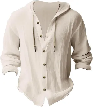 Cotton Linen Shirts for Men Hoodie Tops Casual Lightweight Long Sleeve Henley Beach Shirt Loose Hawaiian Hippie Shirt