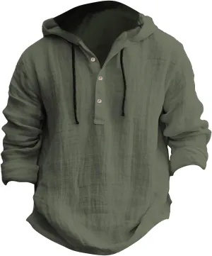 Cotton Linen Shirts for Men Hoodie Tops Casual Lightweight Long Sleeve Henley Beach Shirt Loose Hawaiian Hippie Shirt