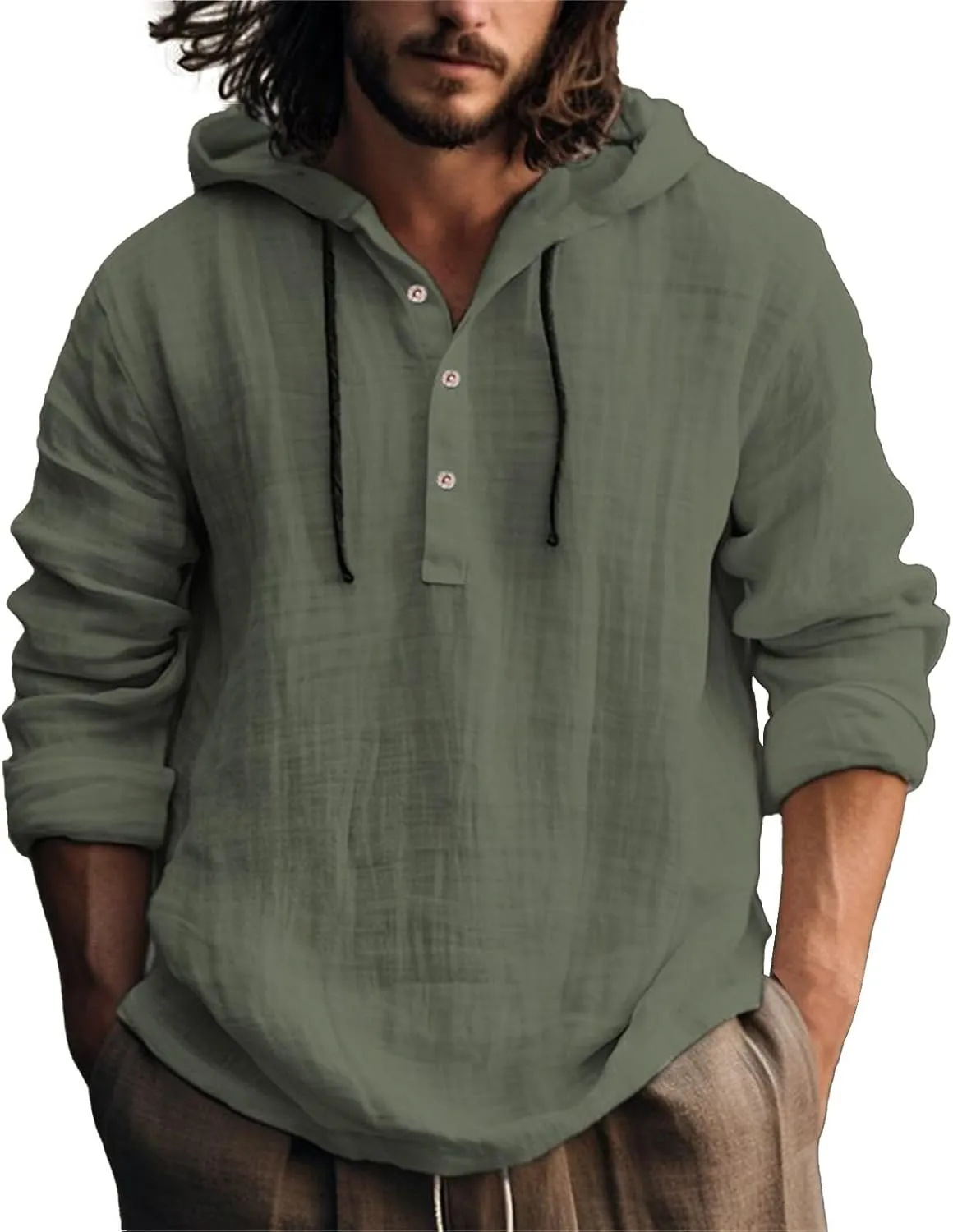 Cotton Linen Shirts for Men Hoodie Tops Casual Lightweight Long Sleeve Henley Beach Shirt Loose Hawaiian Hippie Shirt