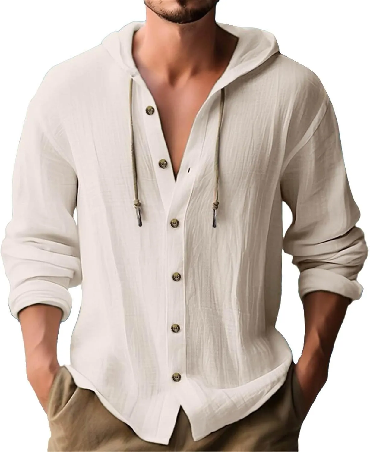 Cotton Linen Shirts for Men Hoodie Tops Casual Lightweight Long Sleeve Henley Beach Shirt Loose Hawaiian Hippie Shirt