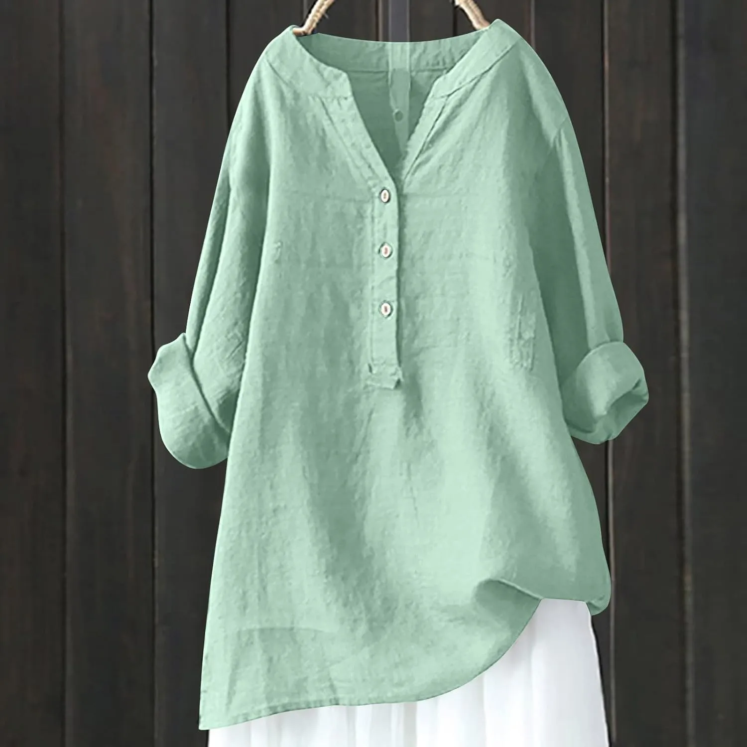 Cotton Linen Tops for Women 3/4 Sleeve Loose Fit Shirts Fashion Casual Solid Color V Neck Blouses 2024 Summer Tops