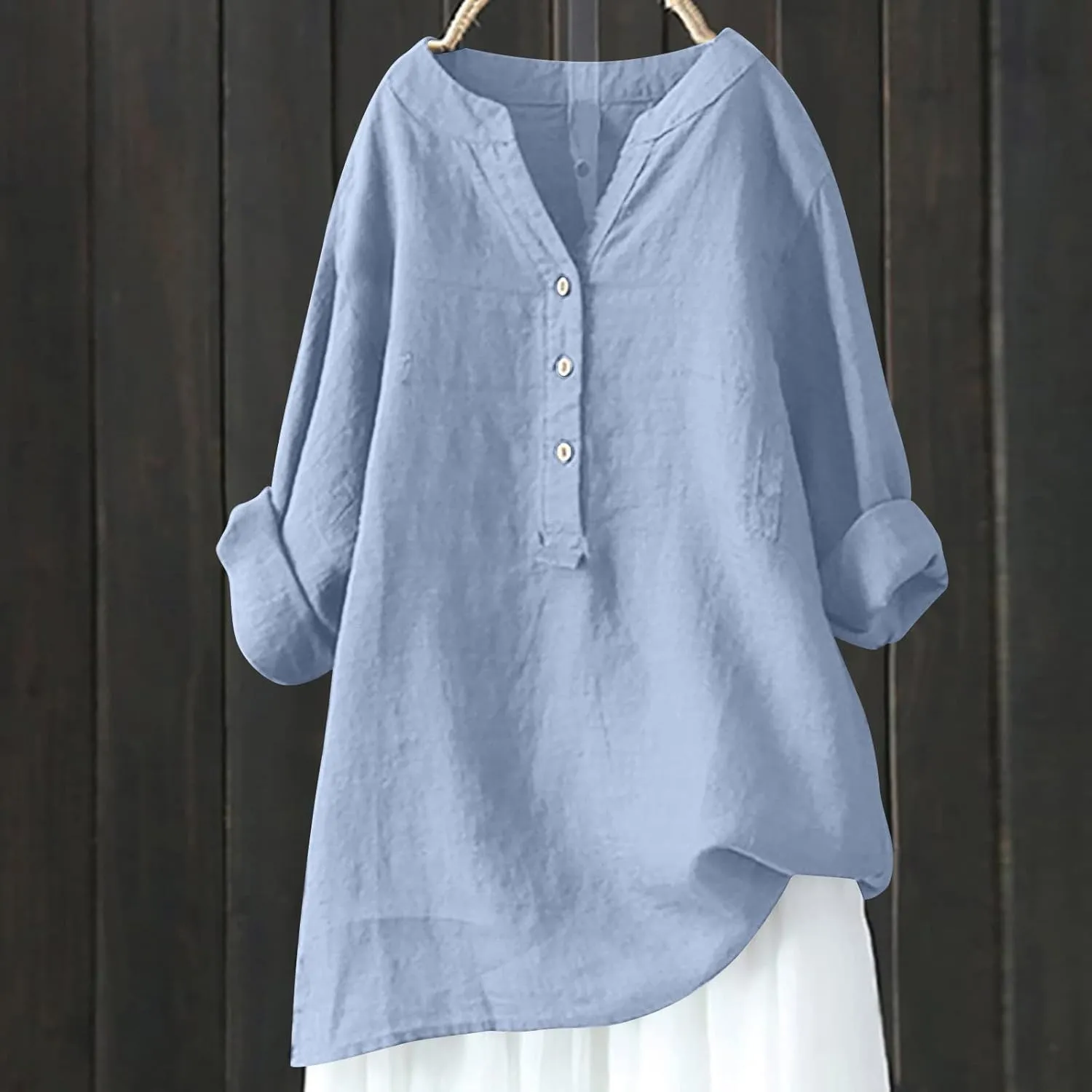 Cotton Linen Tops for Women 3/4 Sleeve Loose Fit Shirts Fashion Casual Solid Color V Neck Blouses 2024 Summer Tops