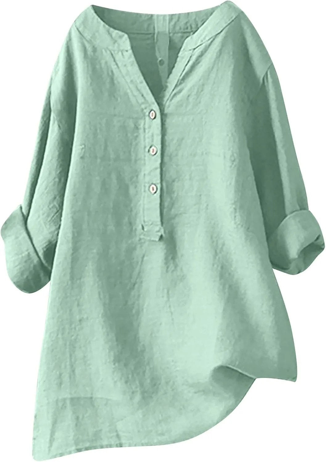 Cotton Linen Tops for Women 3/4 Sleeve Loose Fit Shirts Fashion Casual Solid Color V Neck Blouses 2024 Summer Tops