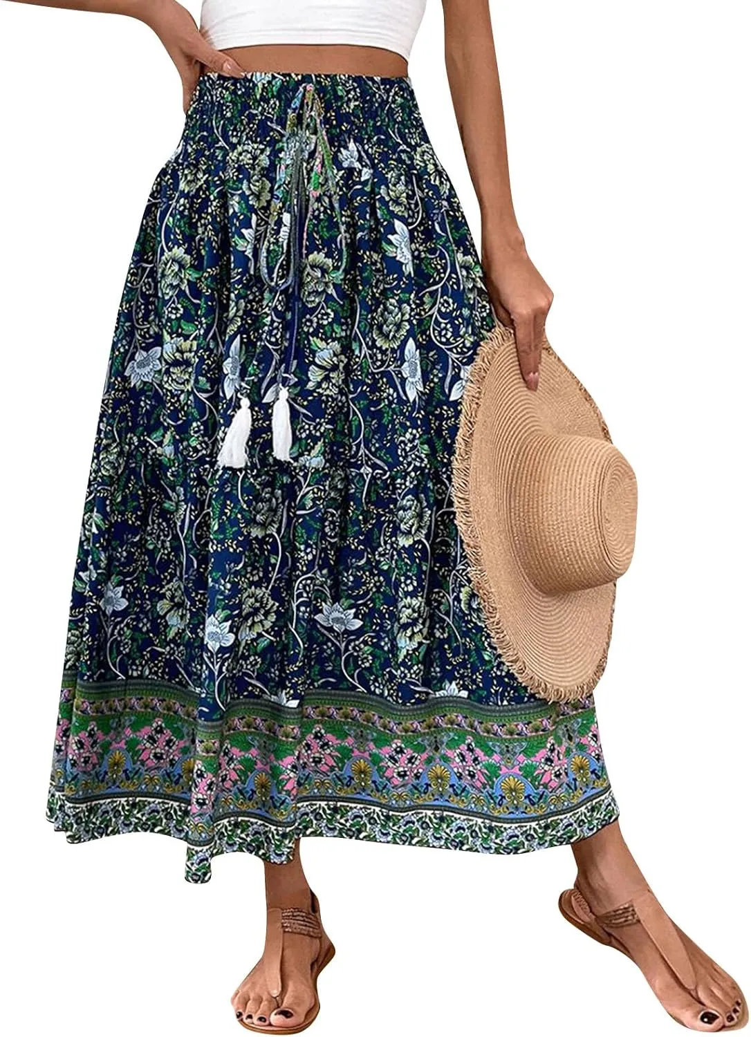 Cotton Skirts for Women High Waist Flowy A-Line Maxi Skirt Bohemian Long Skirt