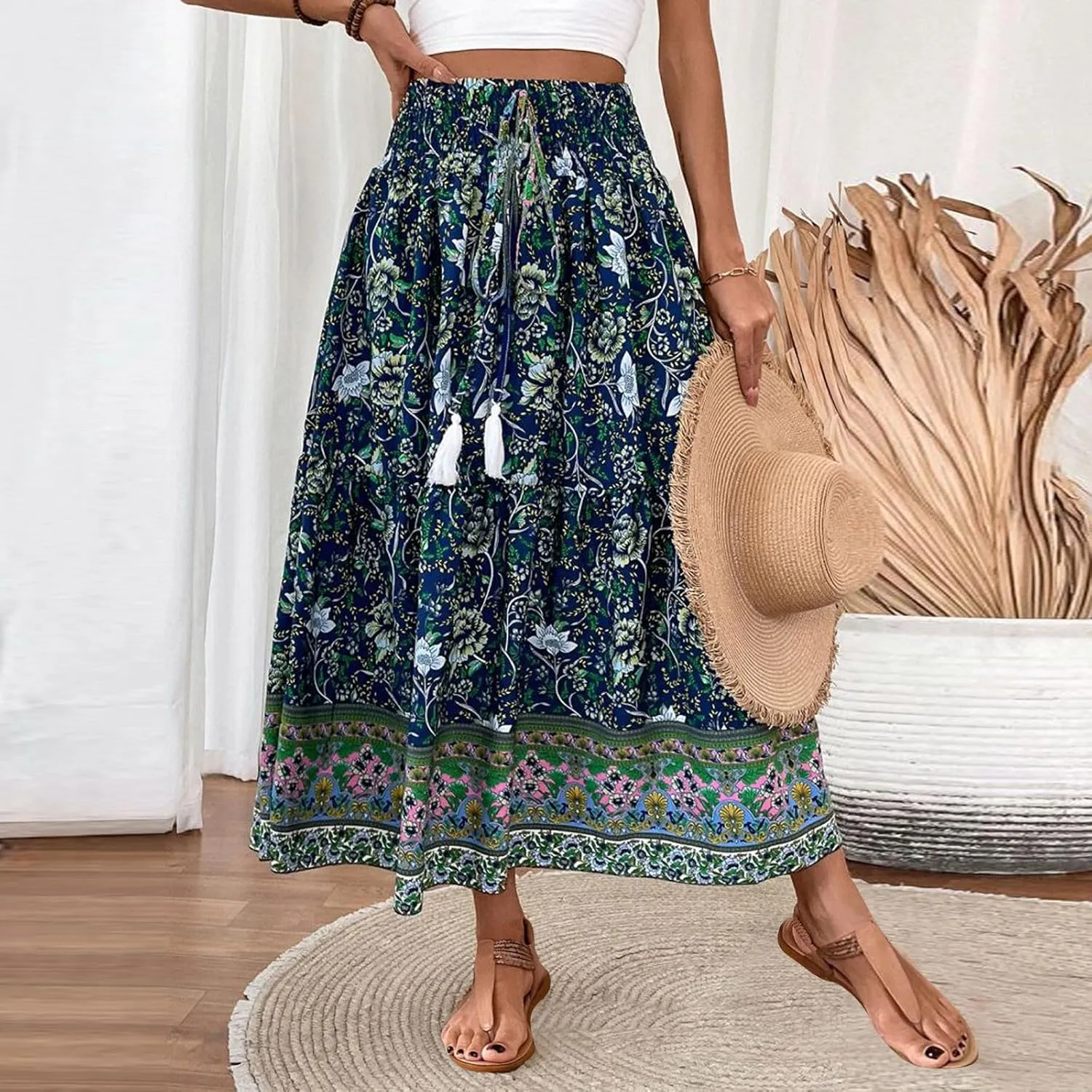 Cotton Skirts for Women High Waist Flowy A-Line Maxi Skirt Bohemian Long Skirt
