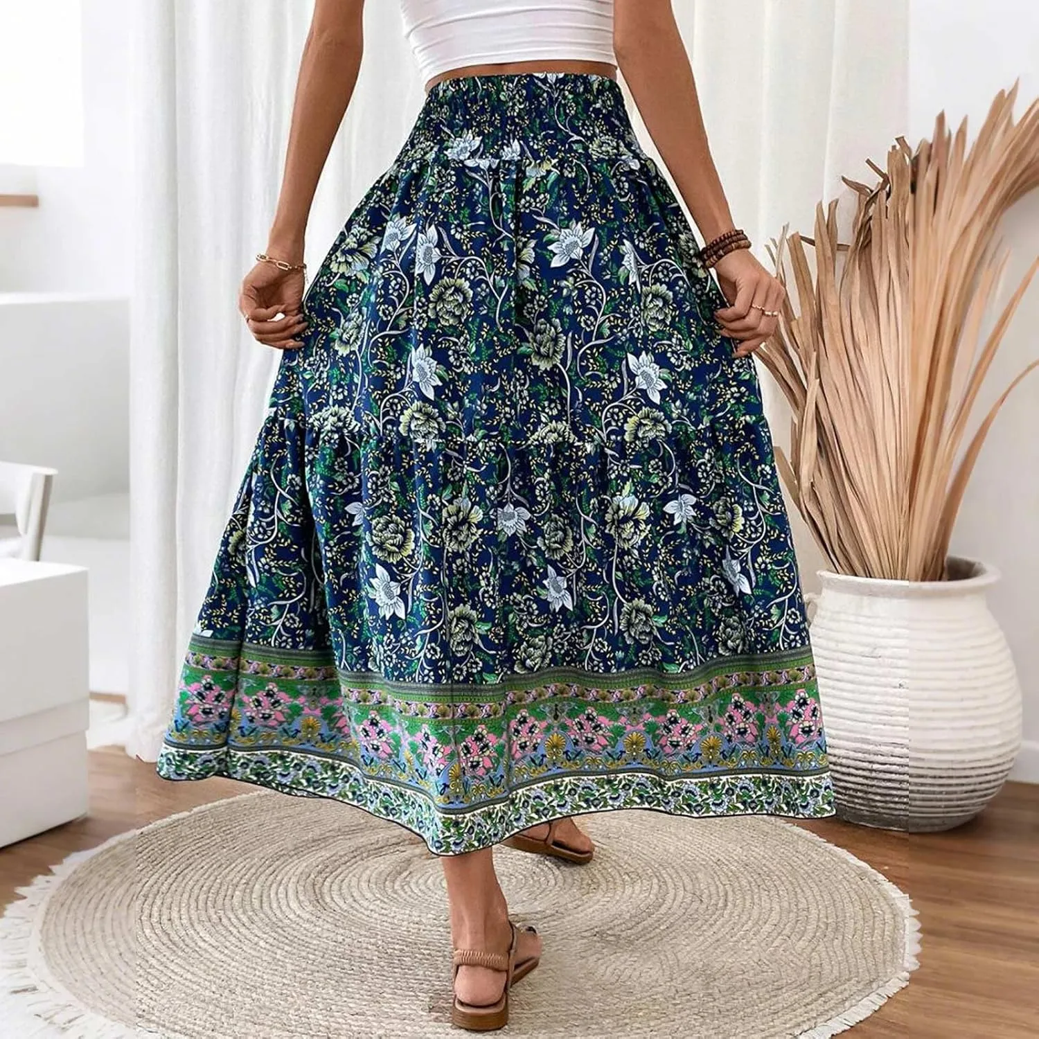 Cotton Skirts for Women High Waist Flowy A-Line Maxi Skirt Bohemian Long Skirt