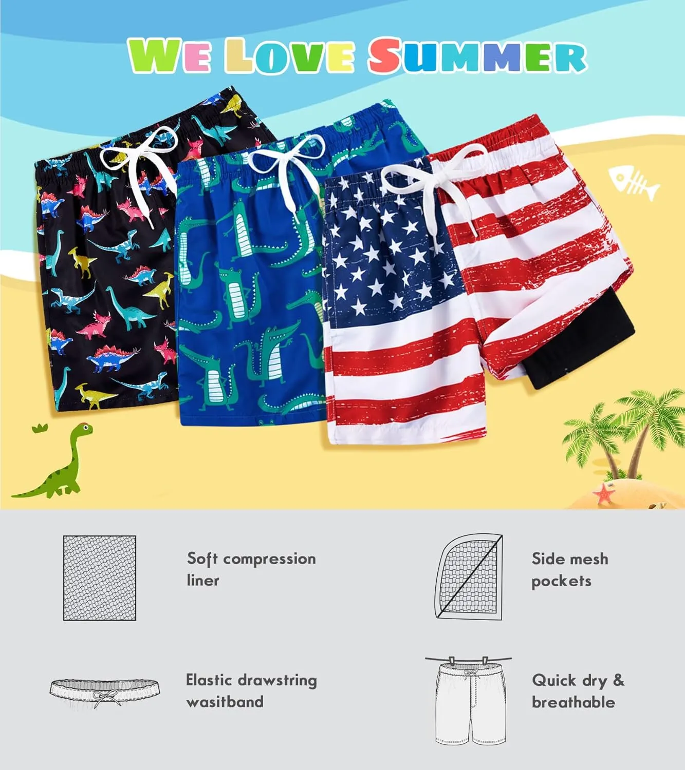 Cozople Boys Swim Trunks Compression Liner Swim Shorts Quick Dry Bathing Suit with Boxer Brief Swimwear 4-10T