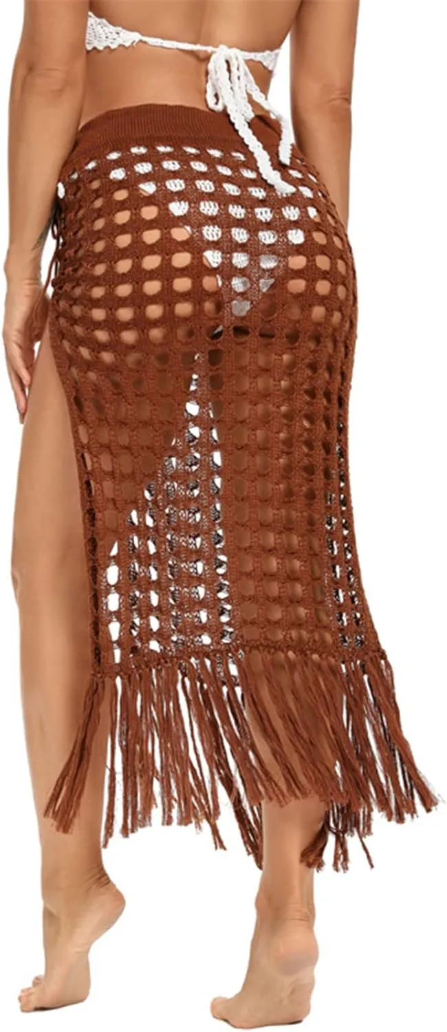 Crochet Fringe Beach Skirt for Women Hollow Out High Waist Swim Cover Up Mesh Midi Skirts Boho Style