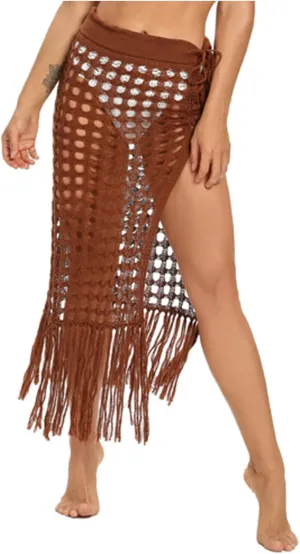 Crochet Fringe Beach Skirt for Women Hollow Out High Waist Swim Cover Up Mesh Midi Skirts Boho Style