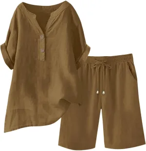Dgoopd Two Piece Sets for Women Shorts Outfits Short Sleeve V Neck Button up Shirt and Drawstring Shorts Sets Lounge Outfits
