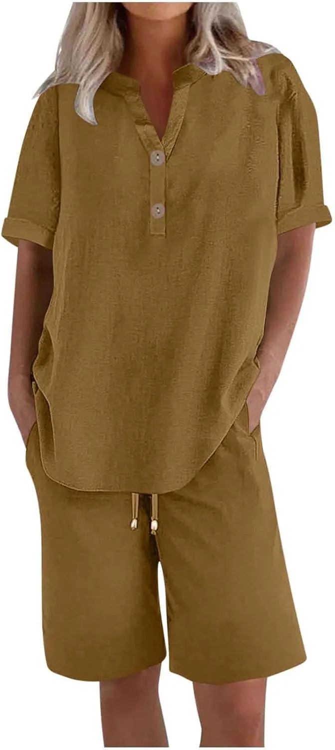 Dgoopd Two Piece Sets for Women Shorts Outfits Short Sleeve V Neck Button up Shirt and Drawstring Shorts Sets Lounge Outfits