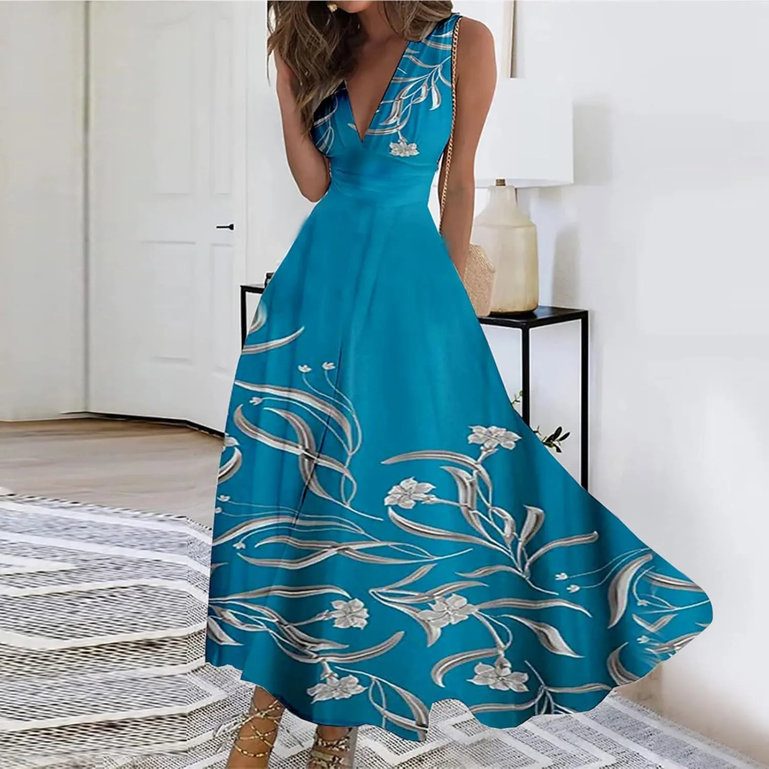 Dresses for Women 2024 Sleeveless Floral Print Maxi Dress Flowy Ruched Wrap V Neck Sundresses Spring Boho Dress