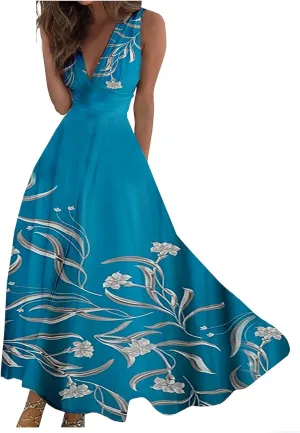 Dresses for Women 2024 Sleeveless Floral Print Maxi Dress Flowy Ruched Wrap V Neck Sundresses Spring Boho Dress