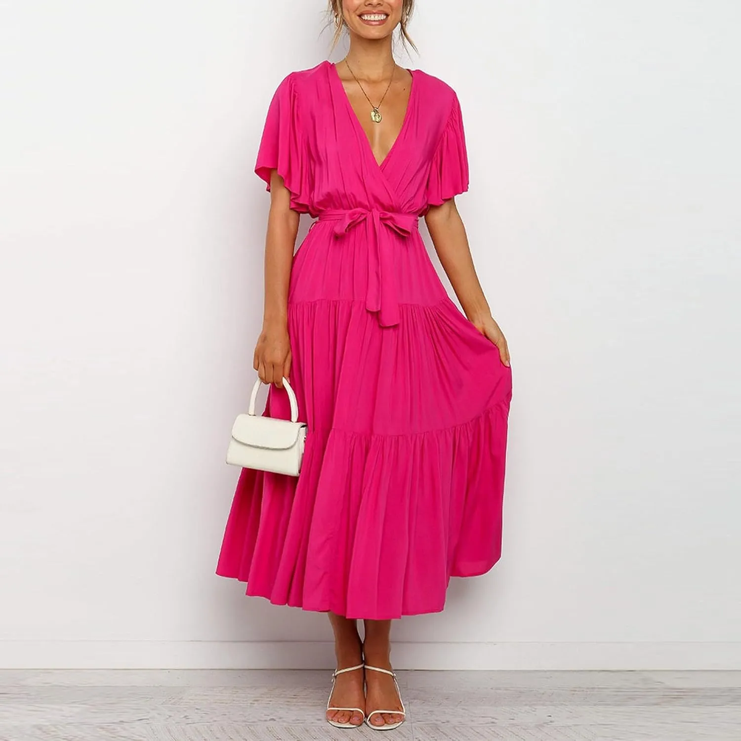 Dresses for Women Spring Wrap Dress Ruffle Short Sleeve V Neck Midi Dress Tiered Fashion Dress Summer with Belt