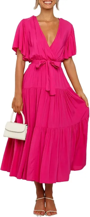 Dresses for Women Spring Wrap Dress Ruffle Short Sleeve V Neck Midi Dress Tiered Fashion Dress Summer with Belt