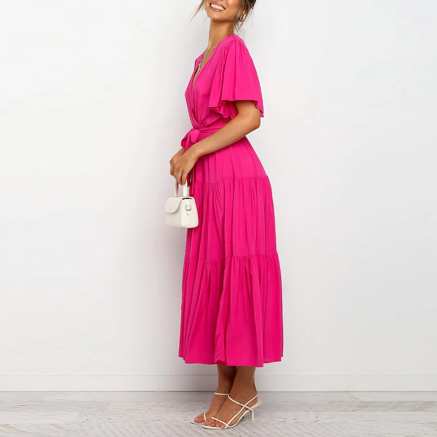Dresses for Women Spring Wrap Dress Ruffle Short Sleeve V Neck Midi Dress Tiered Fashion Dress Summer with Belt