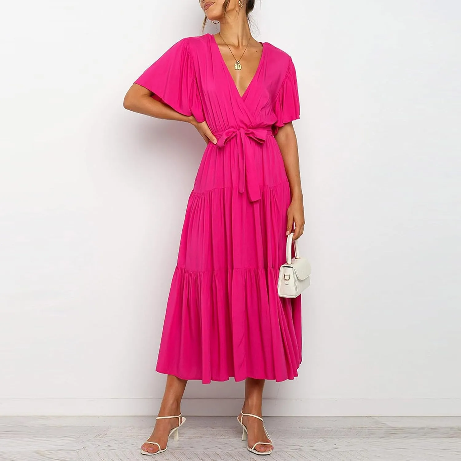 Dresses for Women Spring Wrap Dress Ruffle Short Sleeve V Neck Midi Dress Tiered Fashion Dress Summer with Belt