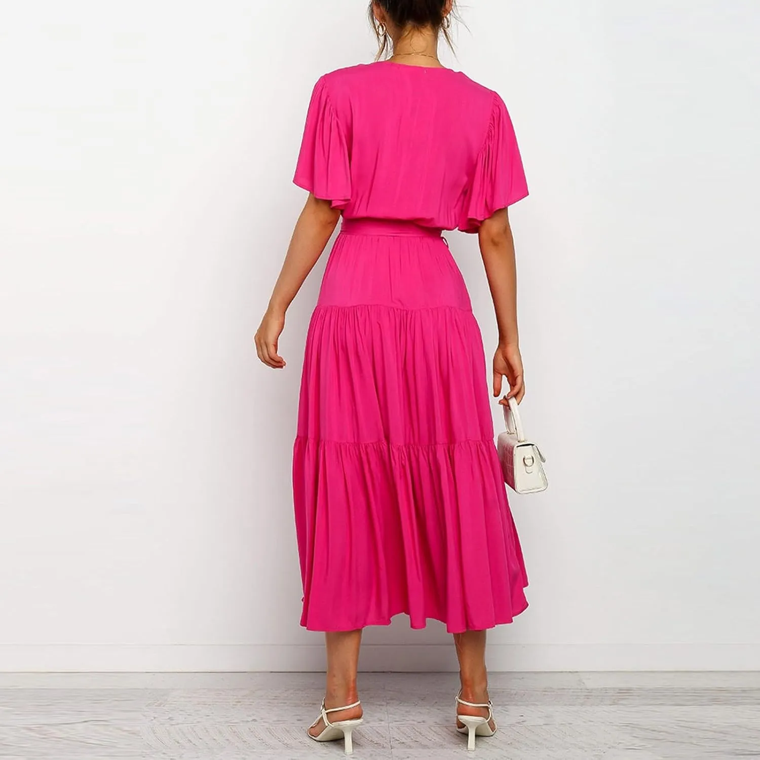 Dresses for Women Spring Wrap Dress Ruffle Short Sleeve V Neck Midi Dress Tiered Fashion Dress Summer with Belt