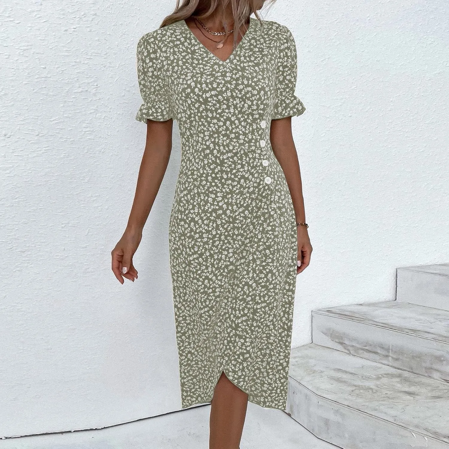 Dresses Women Wrap Midi Dresses for Women Puff Sleeve Summer Summer Dresses Women Ethnic Style