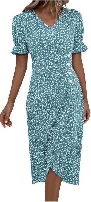 Dresses Women Wrap Midi Dresses for Women Puff Sleeve Summer Summer Dresses Women Ethnic Style