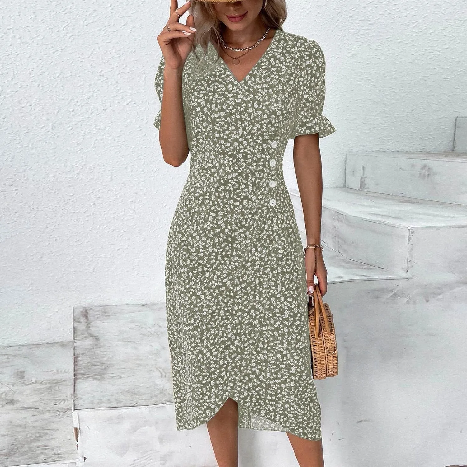 Dresses Women Wrap Midi Dresses for Women Puff Sleeve Summer Summer Dresses Women Ethnic Style