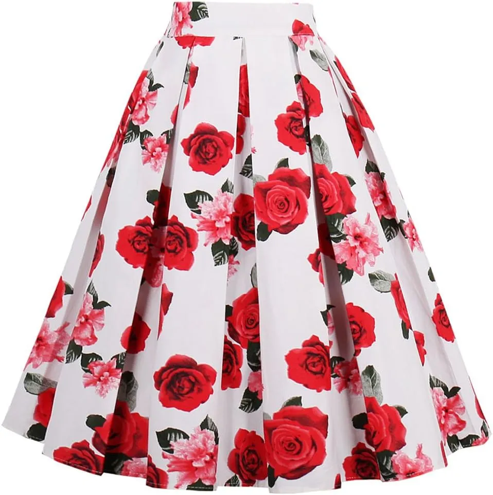 Dressever Women's Vintage A-line Printed Pleated Flared Midi Skirts