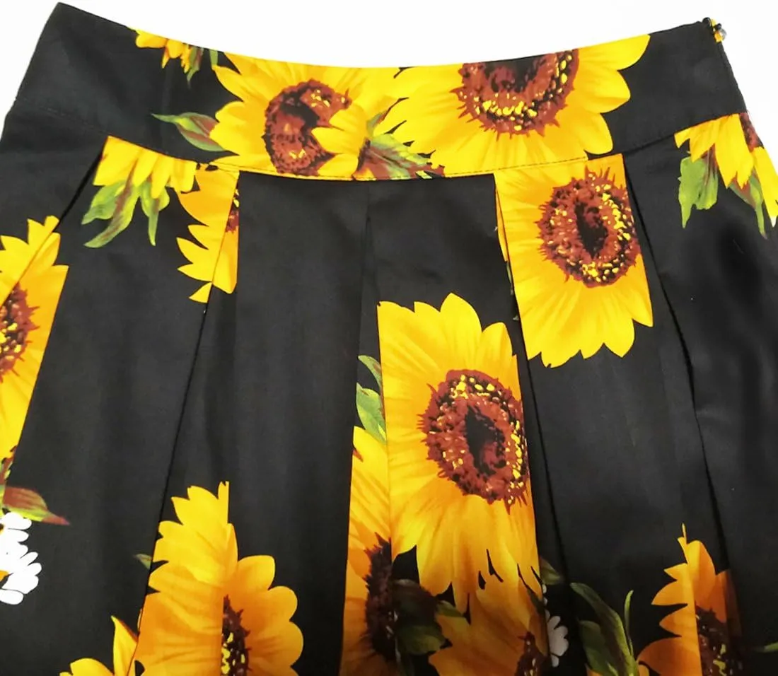 Dressever Women's Vintage A-line Printed Pleated Flared Midi Skirts