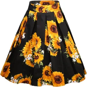 Dressever Women's Vintage A-line Printed Pleated Flared Midi Skirts