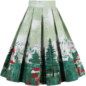 Dressever Women's Vintage A-line Printed Pleated Flared Midi Skirts
