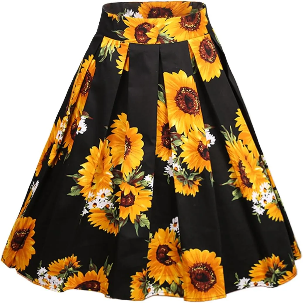 Dressever Women's Vintage A-line Printed Pleated Flared Midi Skirts