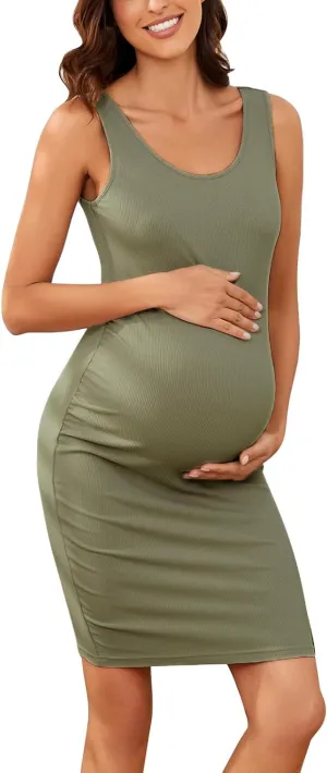 Ecavus Women's Maternity Ribbed Slim Fit Dress Sleeveless Tank Dresses Scoop Neck Pregnancy Bodycon Dress for Casual Wear