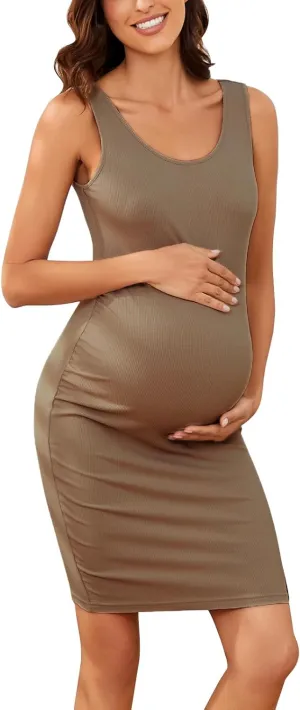 Ecavus Women's Maternity Ribbed Slim Fit Dress Sleeveless Tank Dresses Scoop Neck Pregnancy Bodycon Dress for Casual Wear