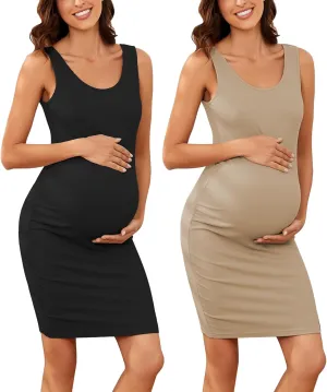 Ecavus Women's Maternity Ribbed Slim Fit Dress Sleeveless Tank Dresses Scoop Neck Pregnancy Bodycon Dress for Casual Wear