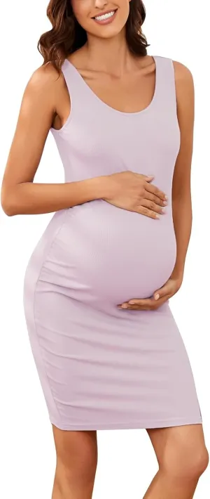 Ecavus Women's Maternity Ribbed Slim Fit Dress Sleeveless Tank Dresses Scoop Neck Pregnancy Bodycon Dress for Casual Wear