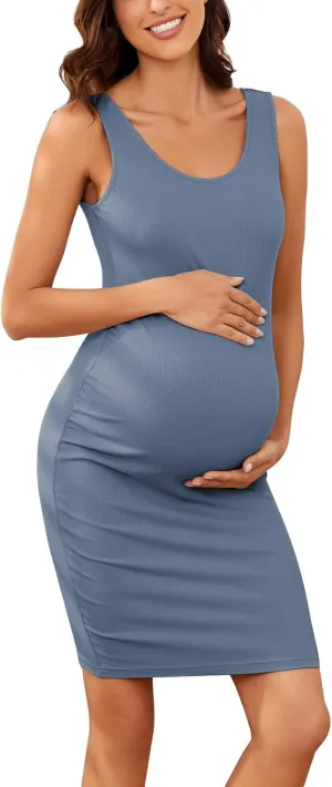 Ecavus Women's Maternity Ribbed Slim Fit Dress Sleeveless Tank Dresses Scoop Neck Pregnancy Bodycon Dress for Casual Wear