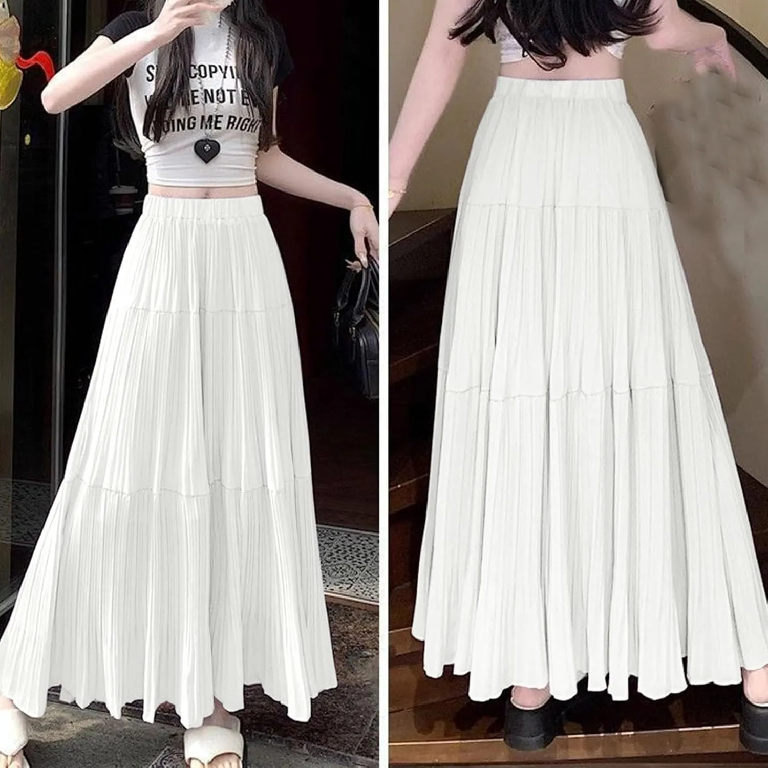 Elegant Maxi Skirts for Women 2025 Ruffle Long Flowy Swing Chiffon Elastic Waist Tiered A Line Skirt Loose Fit