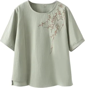Fashion Embroidery T Shirt for Women Casual Short Sleeve Crewneck Tunic Tops Oversized Summer Cotton Basic Blouses