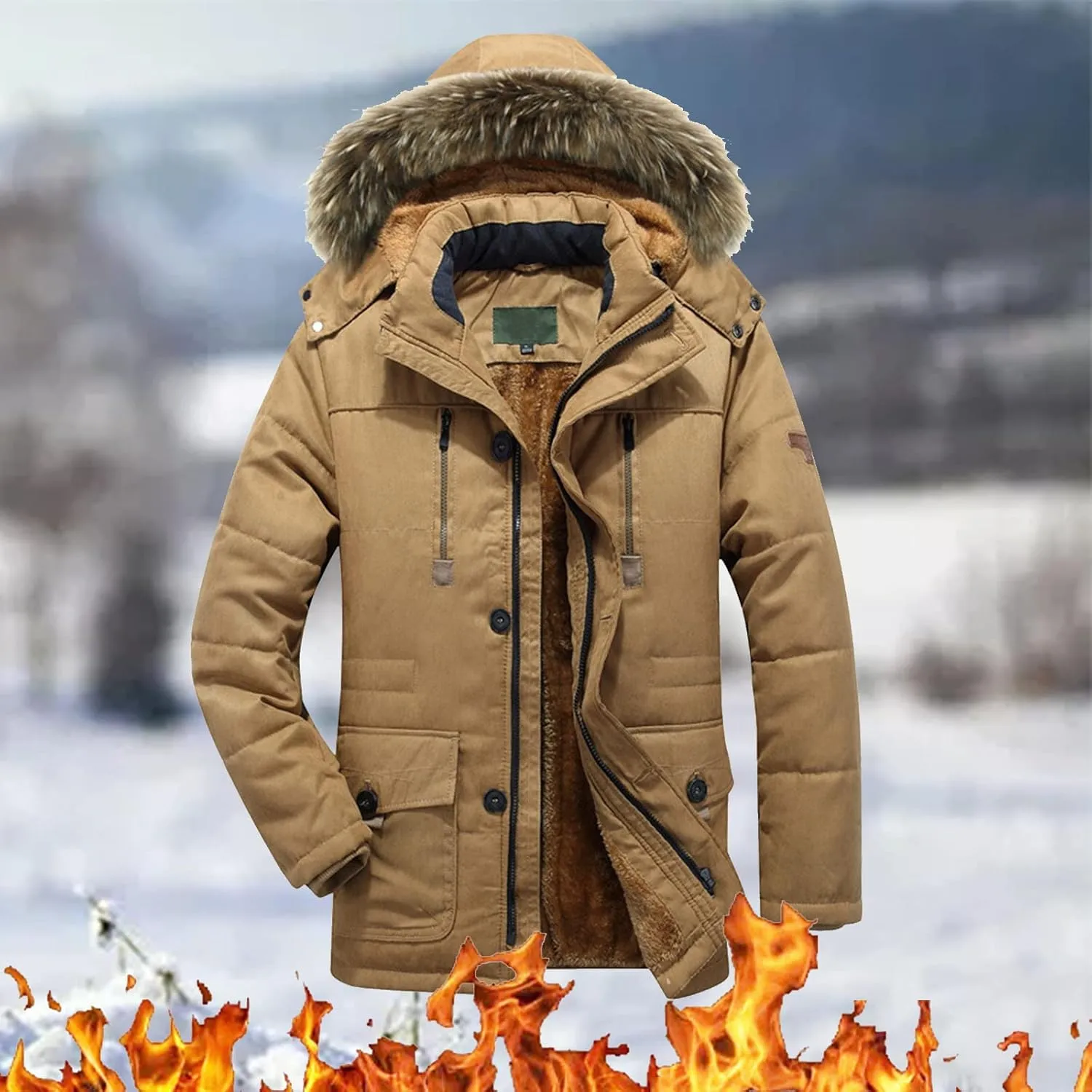 Fleece Lined for Men Solid Fur Collar Full Zip Tactical Military Hunting Jacket with Pockets Winter Warm Outwears