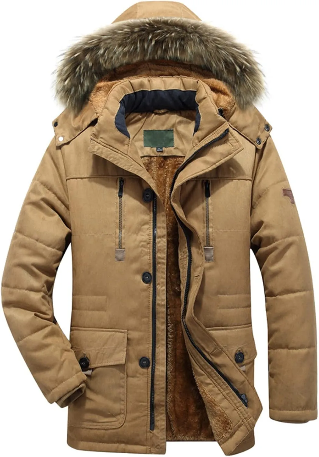 Fleece Lined for Men Solid Fur Collar Full Zip Tactical Military Hunting Jacket with Pockets Winter Warm Outwears