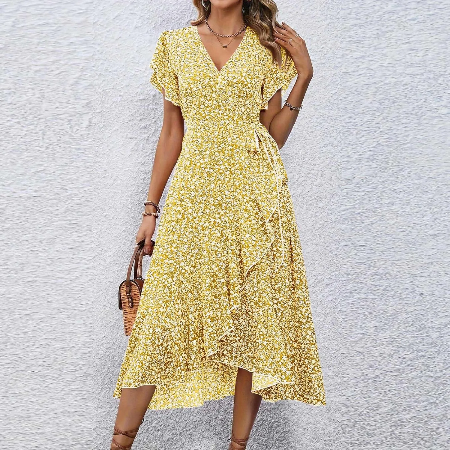 Floral Midi Dress for Women Flowy Vintage Casual A Line Wrap Dress Beach Vacation Trendy Boho V Neck Sundress