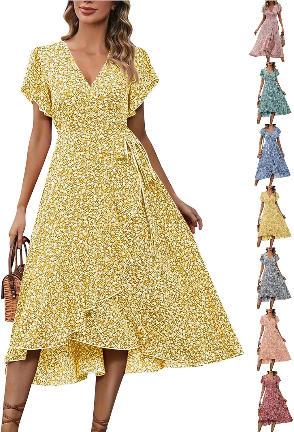 Floral Midi Dress for Women Flowy Vintage Casual A Line Wrap Dress Beach Vacation Trendy Boho V Neck Sundress